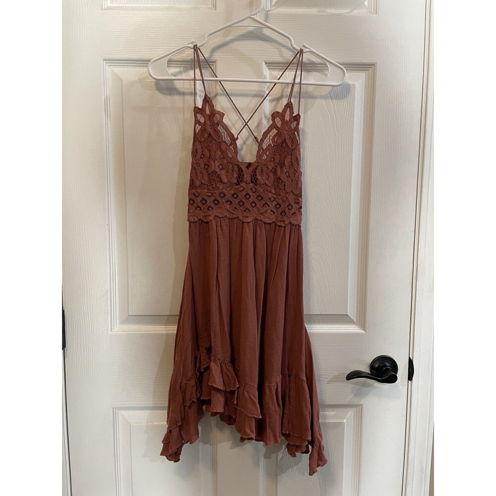 Free People Adella Slip Dress Small Rust Lace Boho Mini FP One Festival